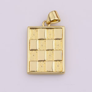 14K GF Dainty Gold Square Medallion Charm Checker Board Pendant for Men Women Unisex Jewelry Making H-434 15x19mm