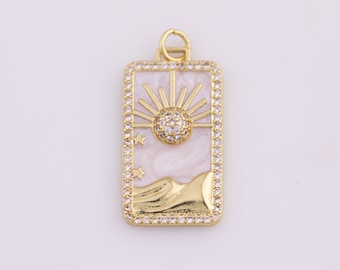 Pearl Sun Tag Charm Blue Lapiz Mountain Gold Filled Charm Clear CZ Tag Medallion Charm Pendant E-424 Mother of Pearl