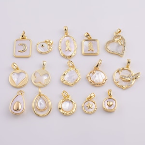14k Gold Filled Mother of Pearl Charm Collection Breast Cancer Moon Bird Heart Butterfly Shell Dragonfly Avocado Star Teardrop Charms