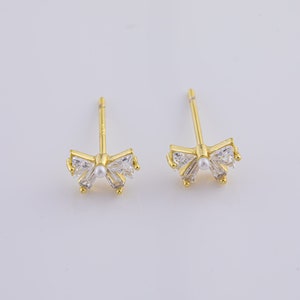 18K Gold Filled Bow Stud Earrings Pave CZ 8mm - One Pair