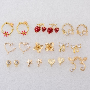 18K Gold gefüllte Ohrstecker Zubehör Auswahl Kirsche Erdbeere Obst Schleife Band Herz Stern Blume Klee