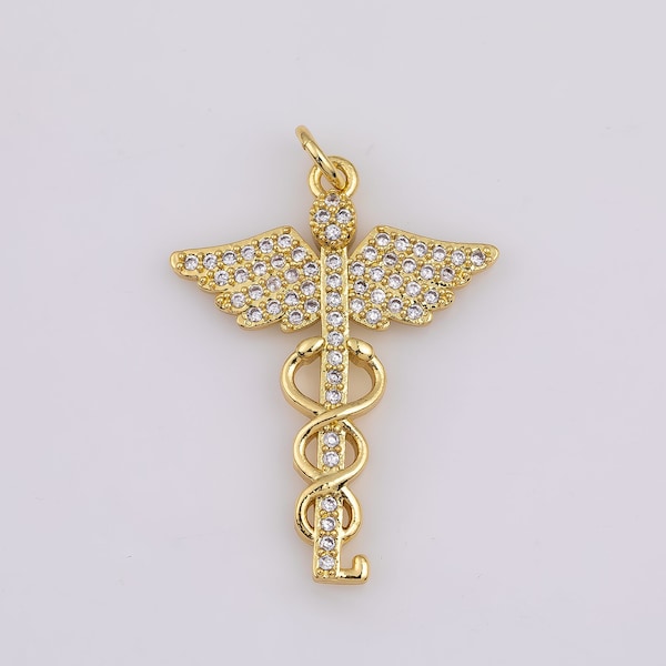 14k Gold Filled Medicine Caduceus Symbol Medical Doctor Nurse Gift Idea Roman Mercury Micro Paved CZ Pendant | AA155