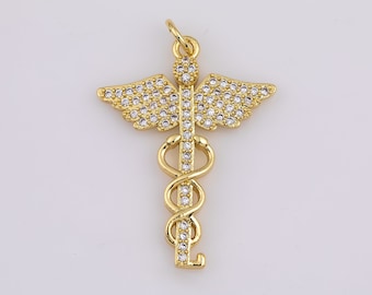 14k Gold Filled Medicine Caduceus Symbol Medical Doctor Nurse Gift Idea Roman Mercury Micro Paved CZ Pendant | AA155