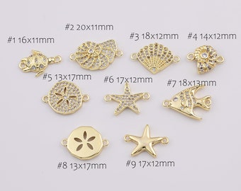 14K Gold Filled Connectors Starfish Sand Dollar Shell Conch Clam Nautilus Sea Turtle Ocean Snail Angel Fish Oyster Beach Summer Charms Pave