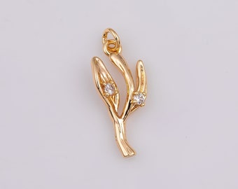 14K Gold Filled Branch Fern Seaweed Tree Grass Charm 9x20mm Round Bracelet Charm Necklace Pendant Minimalist Charms CZ Pave