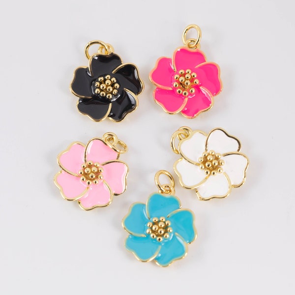 Dainty Hibiscus Charm Tropical Flower Gold Filled Enamel Charm Hawaiian Inspired Jewelry Pendant for Necklace Bracelet Earring Makings 15mm