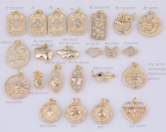 New Styles 14k Gold Filled Charms Poker Cards Rose Mermaid Sun Moon Cloud Pineapple Fish Deer Love Heart Connectors Club Diamond Spade