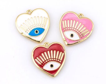 14k Gold Filled Dainty Enamel Heart Evil Eye Charm Charms 16mm for Bracelet Making