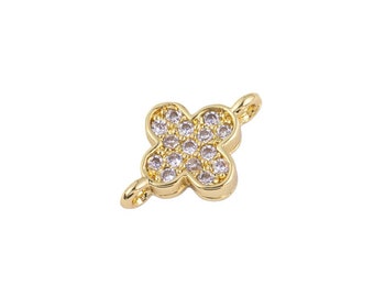 14K GF Tiny Gold Four-Leaf Floral Charm Connector Micro Pave CZ for Bracelet Necklace Flower Florette Jewelry Finding | Y-651 8x12mm