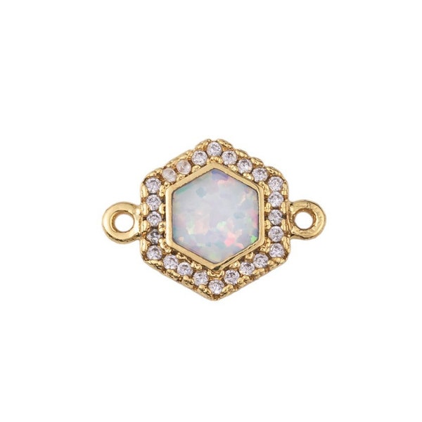 14K Gold Filled Opal Connector Charm Bracelet Connector White Opal Minimalist Charms CZ Pave 12x15mm