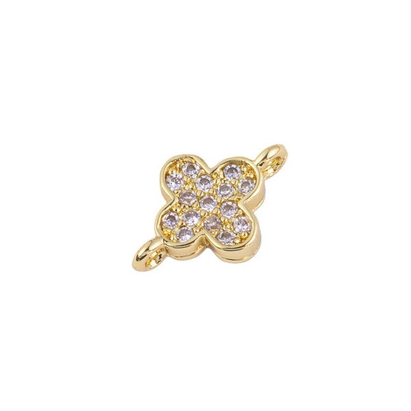 14K GF Tiny Gold Four-Leaf Floral Charm Connector Micro Pave CZ for Bracelet Necklace Flower Florette Jewelry Finding | Y-651 8x12mm