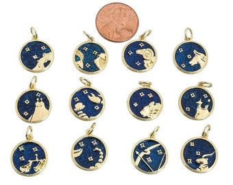 14K GF Gold Blue Sparkle Enamel Zodiac Charms Constellation Necklace Pendant for Zodiac Necklace Celestial Jewelry Making Supply, ZODIAC- 11