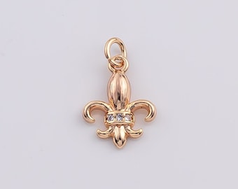 14K Gold Filled Small Fleur Dis Lis Charm 13x10mm Bracelet Charm Necklace Pendant Minimalist Charms CZ Pave New Orleans French