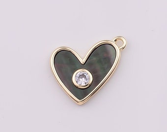 14K Gold Filled Abalone Heart Charm 12x13mm Mother of Pearl Necklace Pendant Minimalist Charms CZ Pave