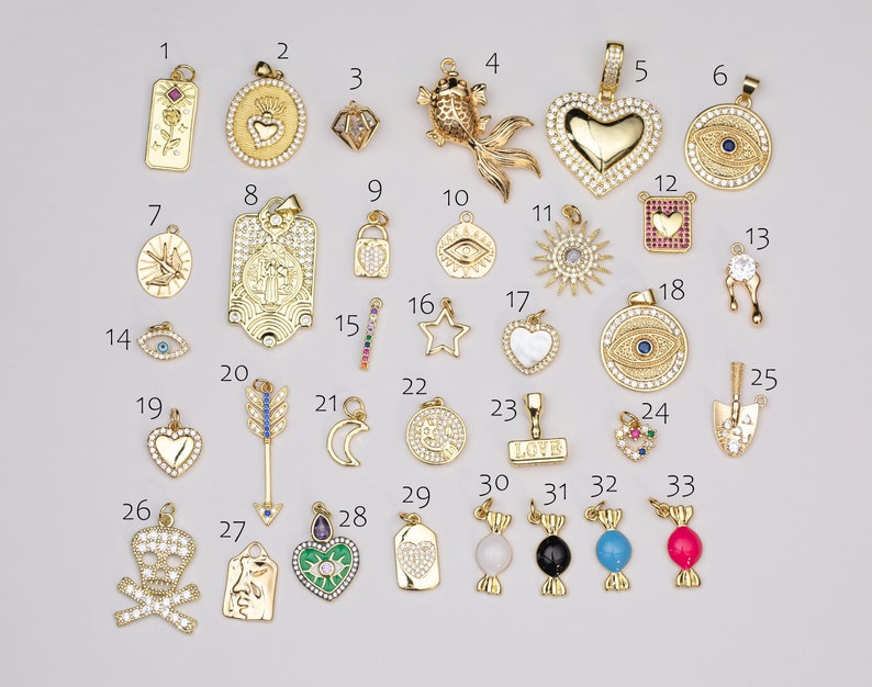 14k Gold Filled Charms Selection Evil Eye Heart Star Moon Candy Skull Lock Saint Mix Charms Pave CZ Cubic Zirconia 1420 14/20 Gold Filled image 1