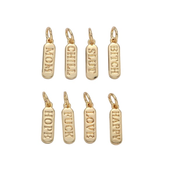 Dainty Gold Pill Bar Charm Word love mom hope happy chill charm 14k Gold Filed Charm for Bracelet Earring Necklace D323-D330, D747