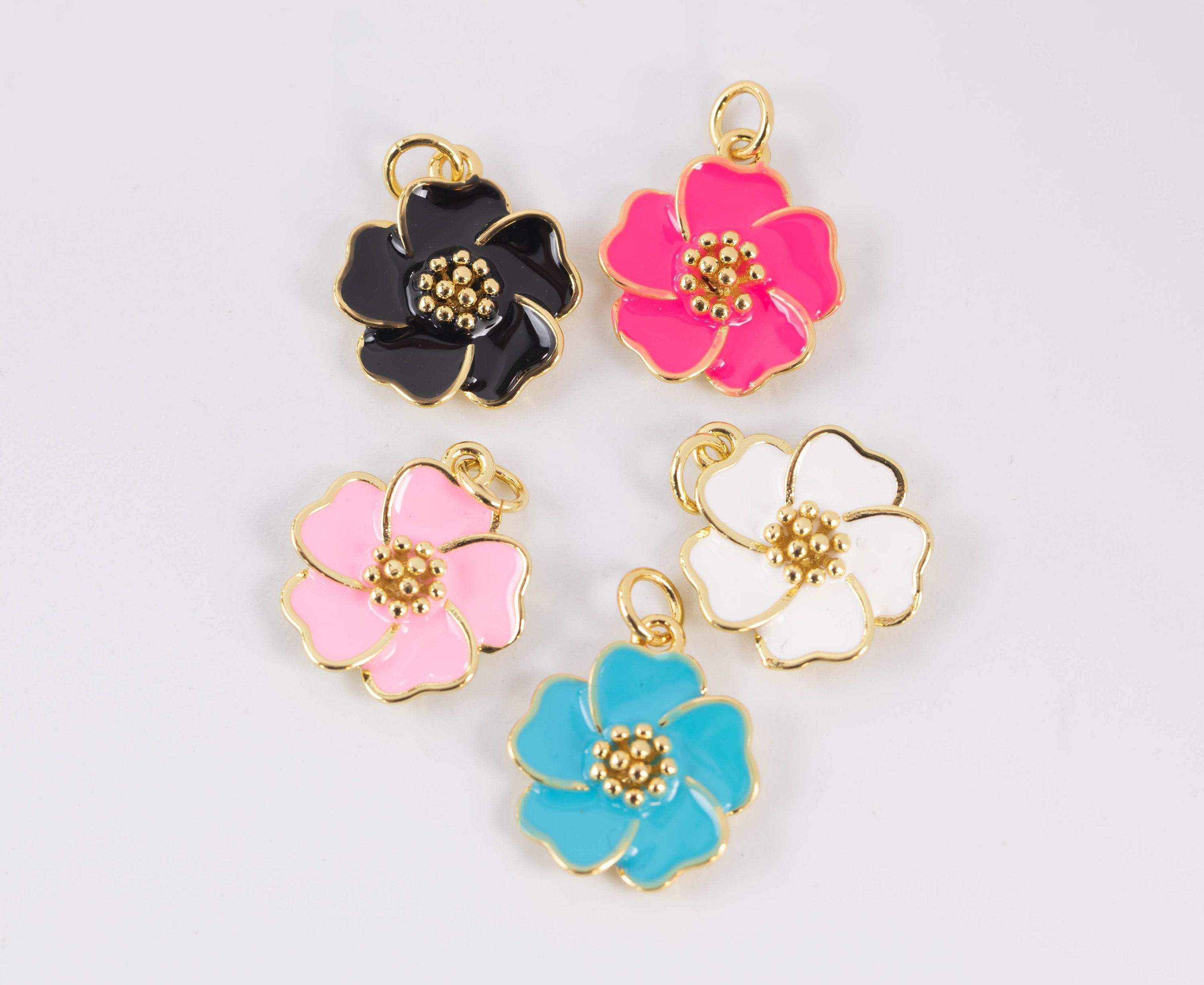 Dainty hibiscus charm tropical flower gold filled enamel charm hawaiian inspired jewelry pendant for necklace bracelet earring makings 15mm