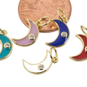 14k Gold Filled Dainty Enamel Moon Charm with Pave CZs 6mm for Bracelet Making