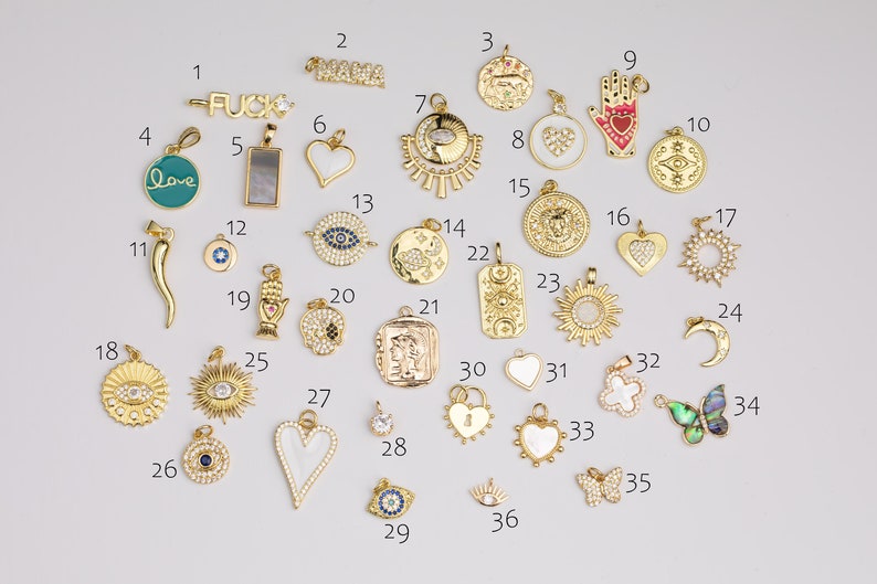 Charms in oro 14k, selezione di charm con pavé di zirconi cubici CZ Prodotto negli Stati Uniti Mama Fuck Evil Eye Heart Butterfly Moon Chili Hand 1420 14/20 GF immagine 1