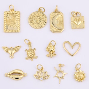 18K gold filled charms selection sun burst sunburst sunflower moon heart cupid turtle rose cowrie shell lotus 18K gf bracelet