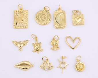 18K gold filled charms selection sun burst sunburst sunflower moon heart cupid turtle rose cowrie shell lotus 18K gf bracelet