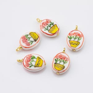 Flower Pot Rose charm Double-Sided Hand Painted handmade ceramic porcelain vintage charm for necklace bracelet jewelry making supply