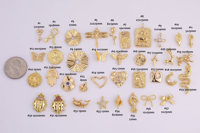 14k Gold Filled Charms Rose Hand Vuist Kruis Hond Hart Klaver Walvis Zeester Zeepaardje Boog Slang Sleutel Dragonfly Maan Oog Herten Vlinder 14/20GF afbeelding 1