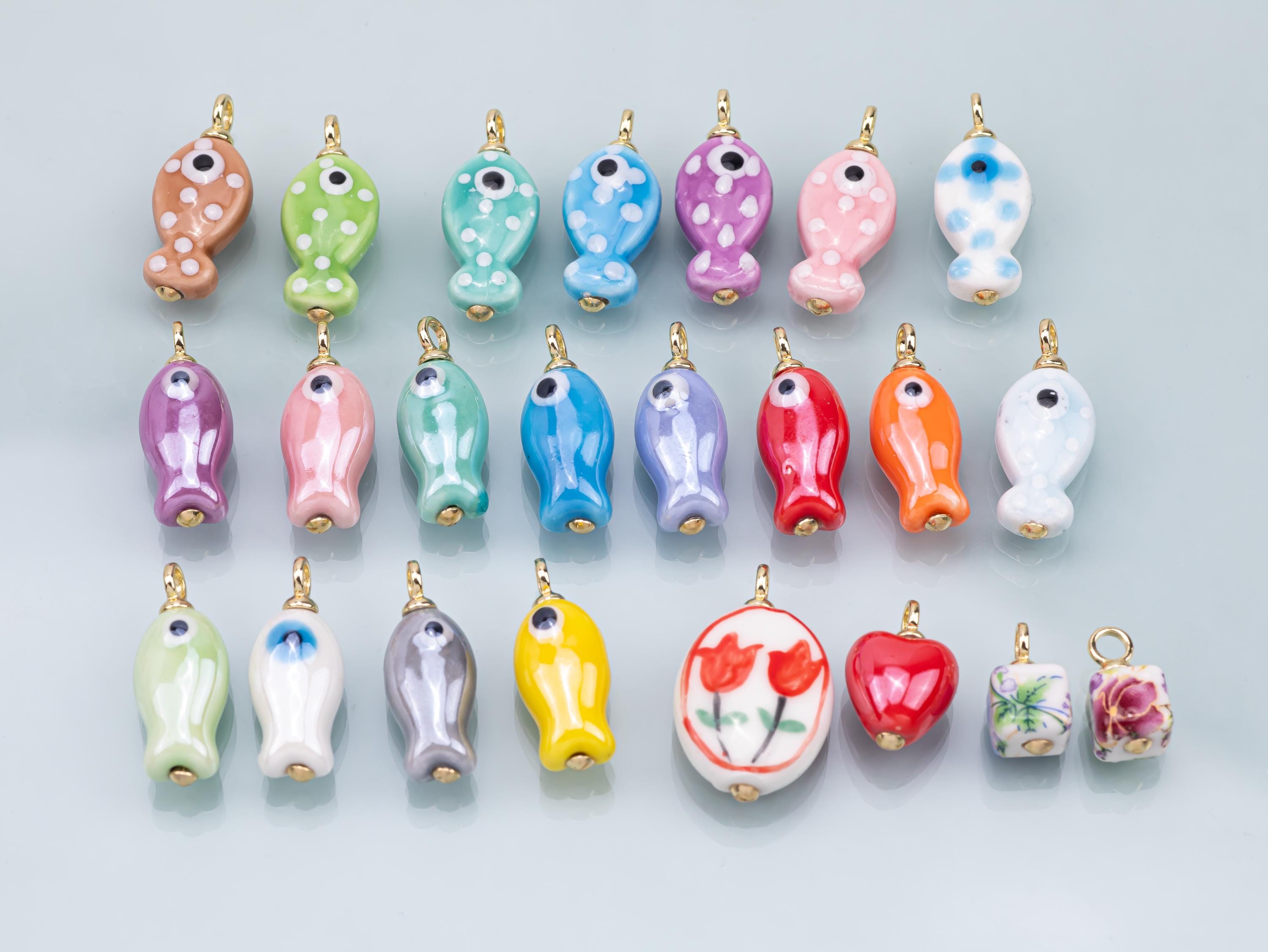 Colorful ceramic fish charm handmade painting ceramic porcelain animal flower vintage charm fnecklace bracelet jewelry making supply heart