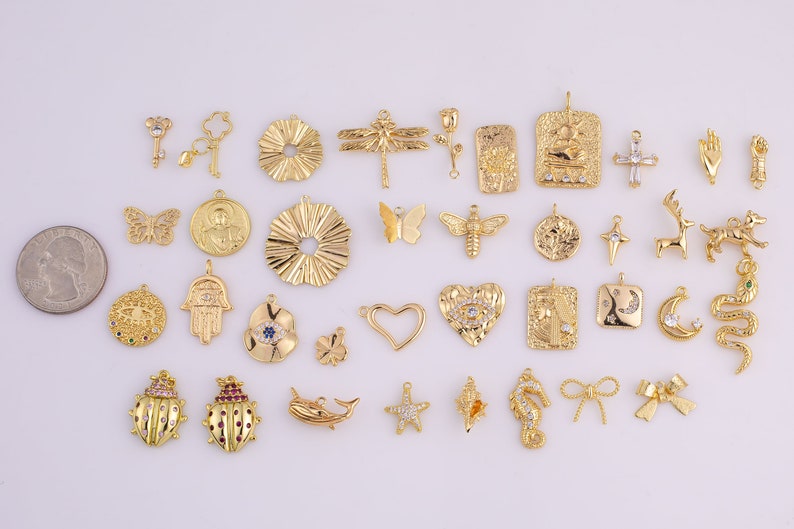 14k Gold Filled Charms Rose Hand Vuist Kruis Hond Hart Klaver Walvis Zeester Zeepaardje Boog Slang Sleutel Dragonfly Maan Oog Herten Vlinder 14/20GF afbeelding 3