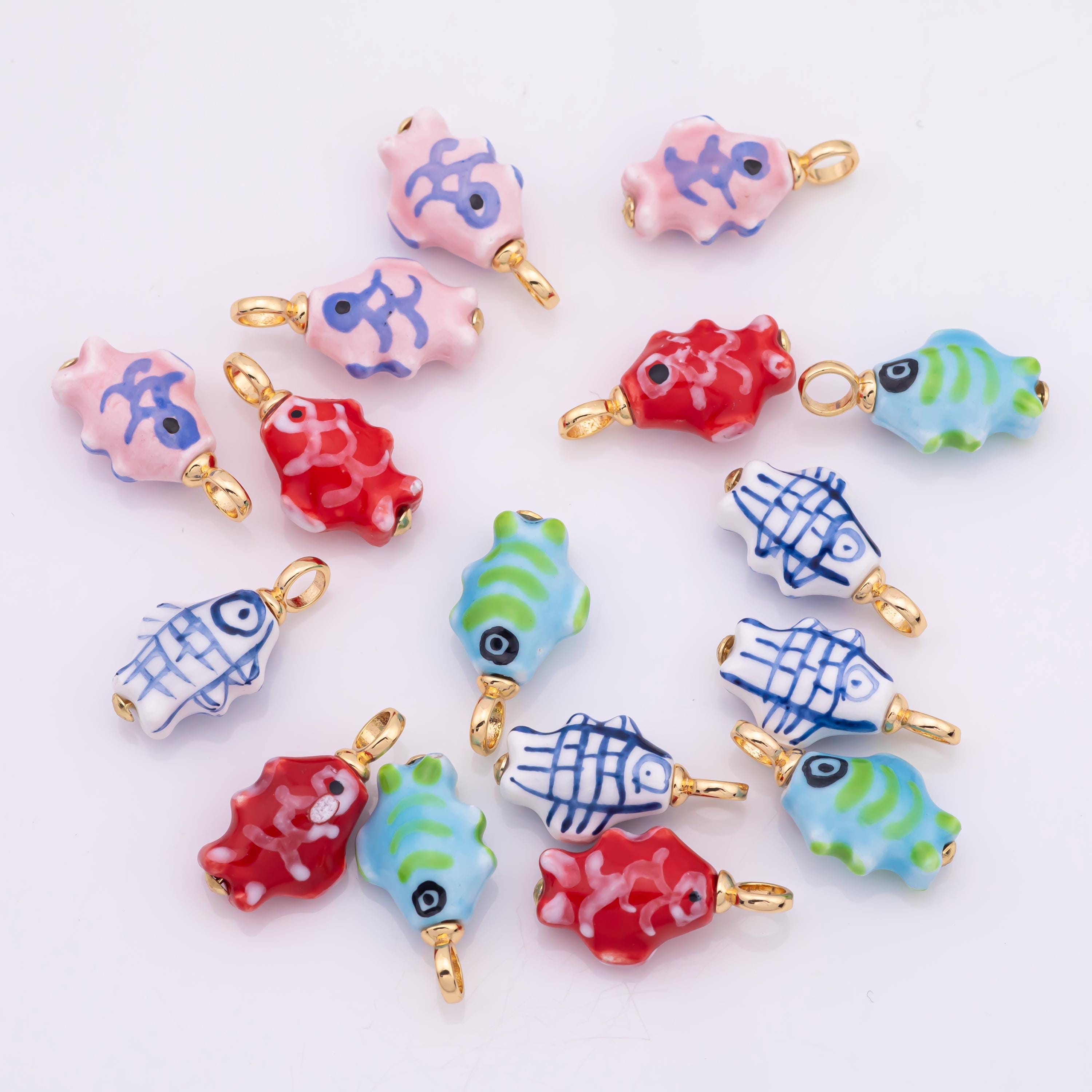 Ceramic Fish Charm Gold Filled Colorful ceramic charms handmade painted porcelain vintage necklace bracelet jewelry supply