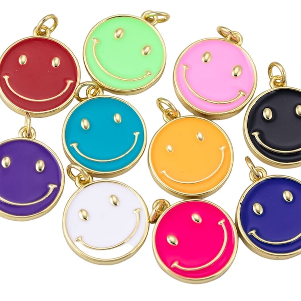 14k Gold Filled Dainty Enamel Charm Smiley coin Mini Happy Smile pendant Gold Smile Face 14k Gold Filled Emoji Charm- 16mm P13E18--P13E25