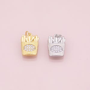 French fries charm 18k Gold Filled Silver Charm Bar Bracelets and Necklaces Silver Pave CZ Minimalist Charms