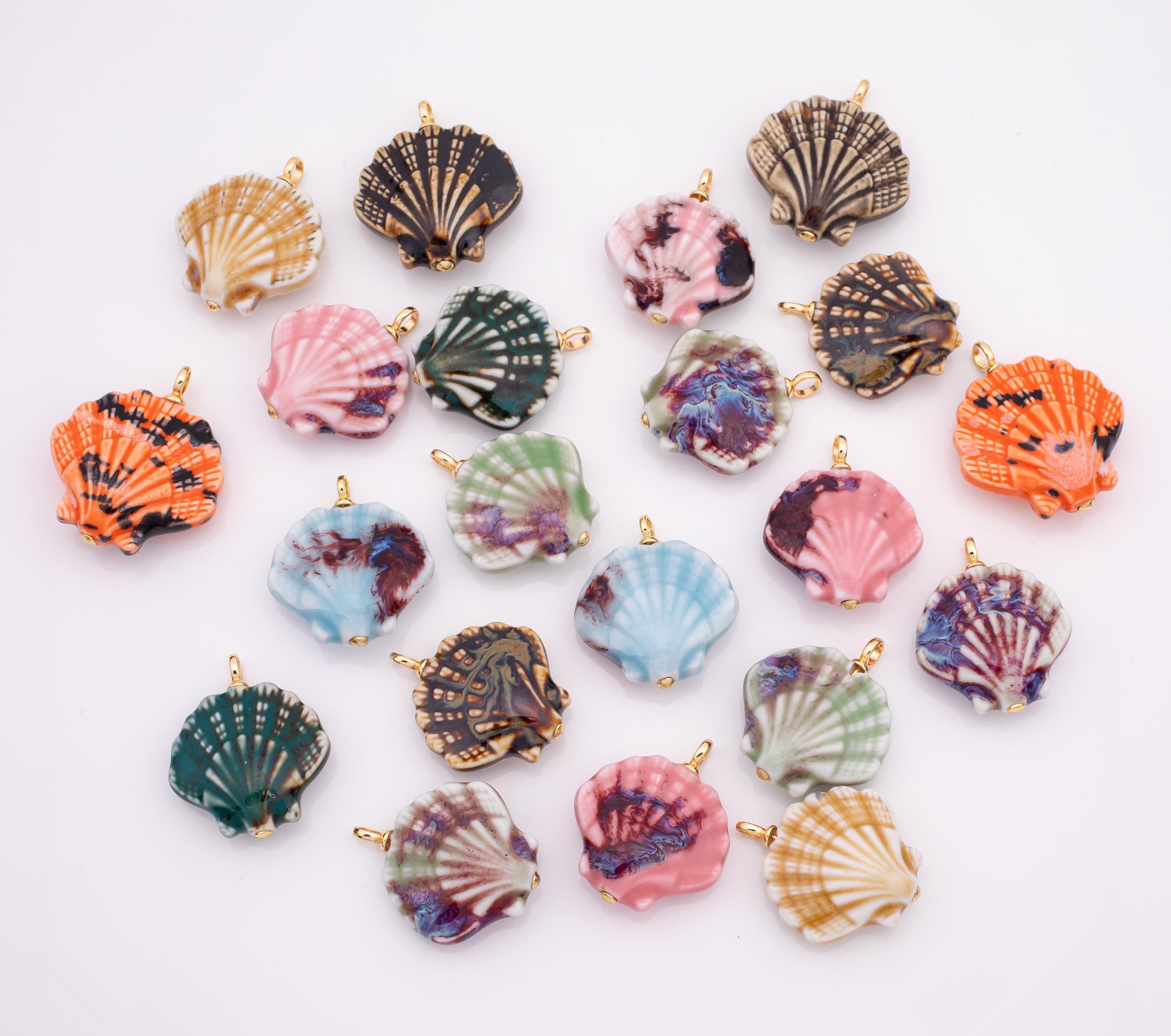 Ceramic Sea Shell Charm Colorful ceramic clam oyster shell charms handmade painted porcelain vintage necklace bracelet jewelry making supply