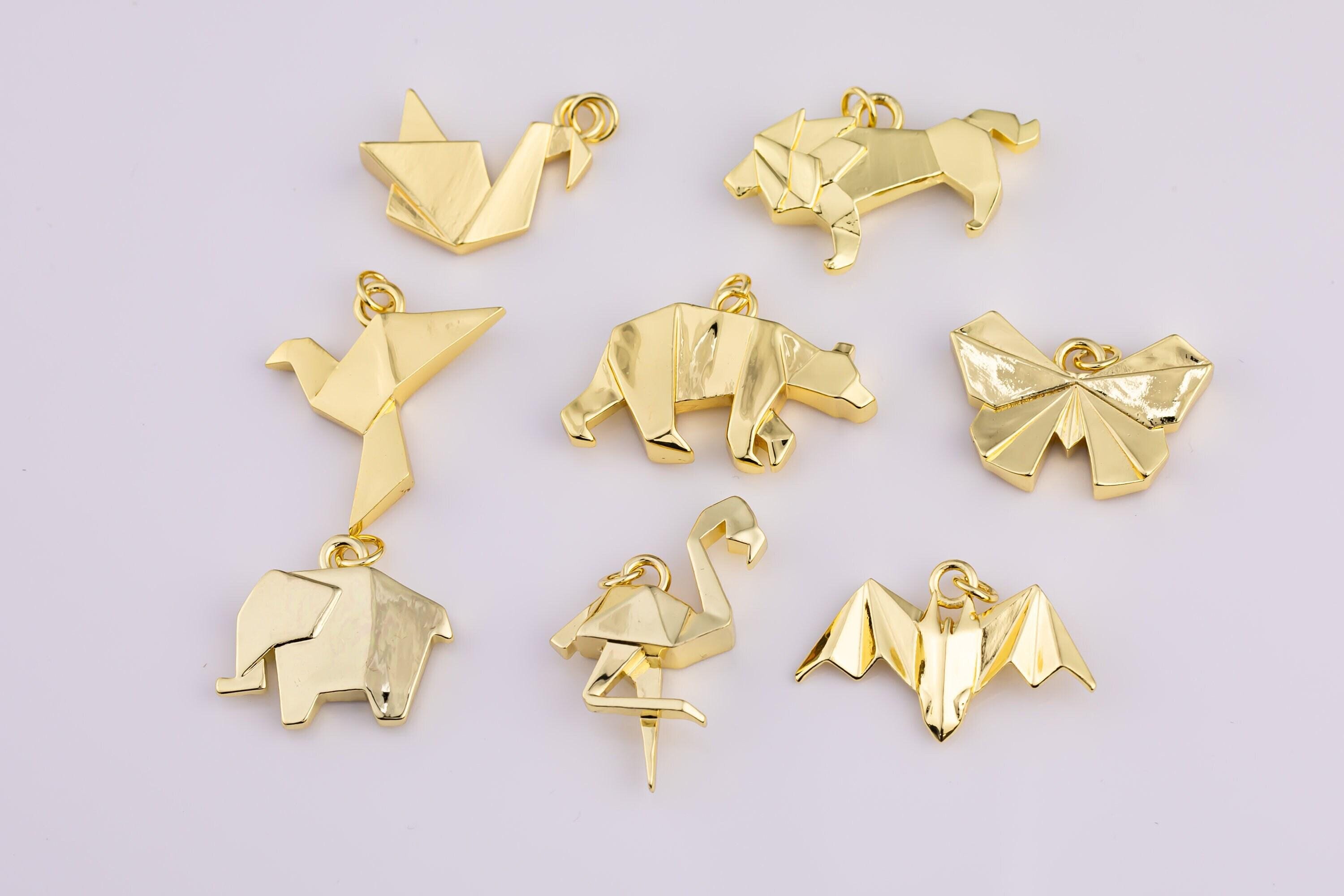 18K gold filled simple paper origami charms dove swan lion bear elephant butterfly bat flamingo minimalist charm