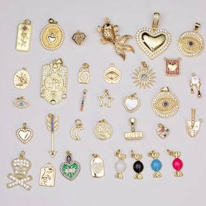 14k Gold Filled Charms Selection Evil Eye Heart Star Moon Candy Skull Lock Saint Mix Charms Pave CZ Cubic Zirconia 1420 14/20 Gold Filled image 3