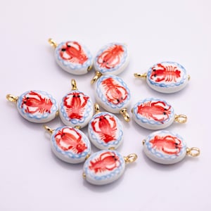 Ceramic Lobster charm Double-Sided Hand Painted handmade ceramic porcelain vintage charm for necklace bracelet jewelry making supply