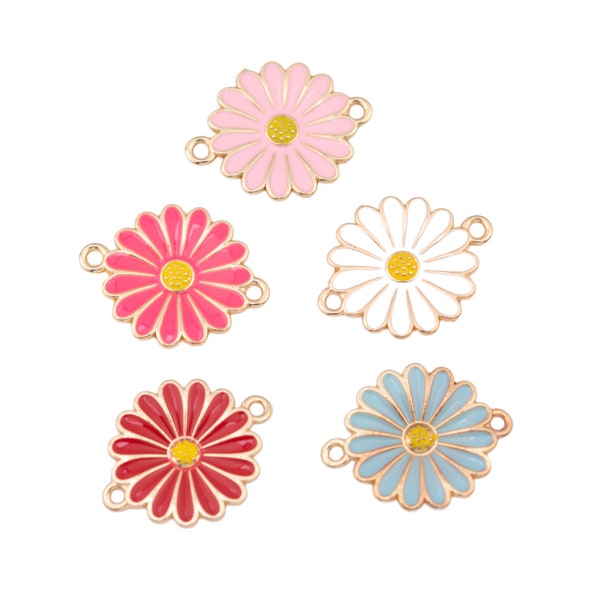 14k Gold Filled Flower Daisy Connector Charms Enamel Pink Black White 18mm 1420 14/20 Gold Filled