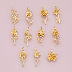 Birth Month Flower Pendant charm 18k Gold Filled for Charm Bar Bracelets and Necklaces Gold Pave CZ Minimalist Charms
