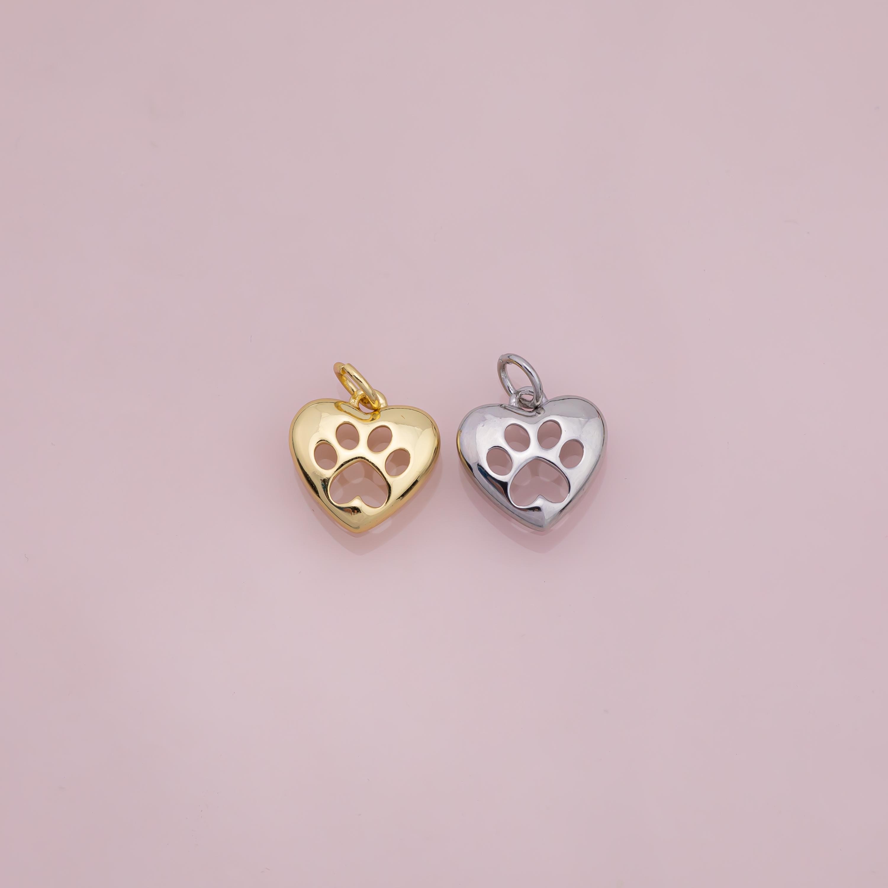 Ciondolo a forma di cuore con zampe di cane, in oro 18 carati, per bracciali e collane con ciondoli.