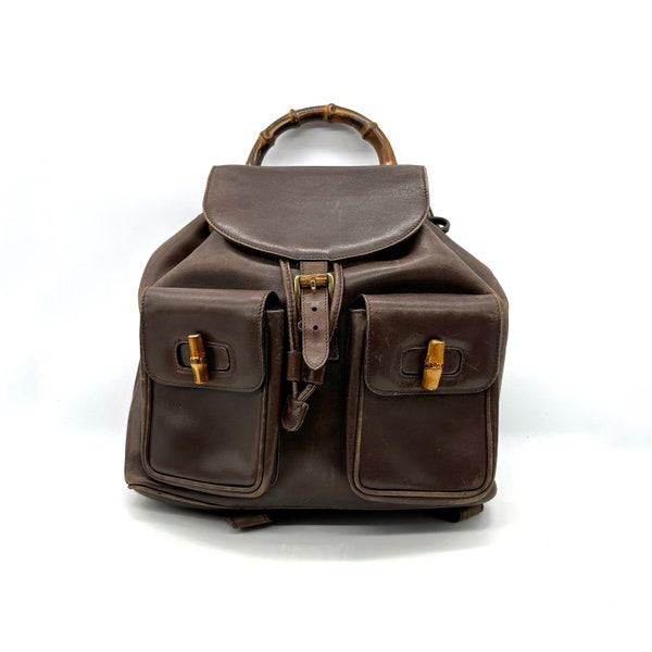 Gucci Vintage Ruck Sack Backpack Bamboo Brown Leather