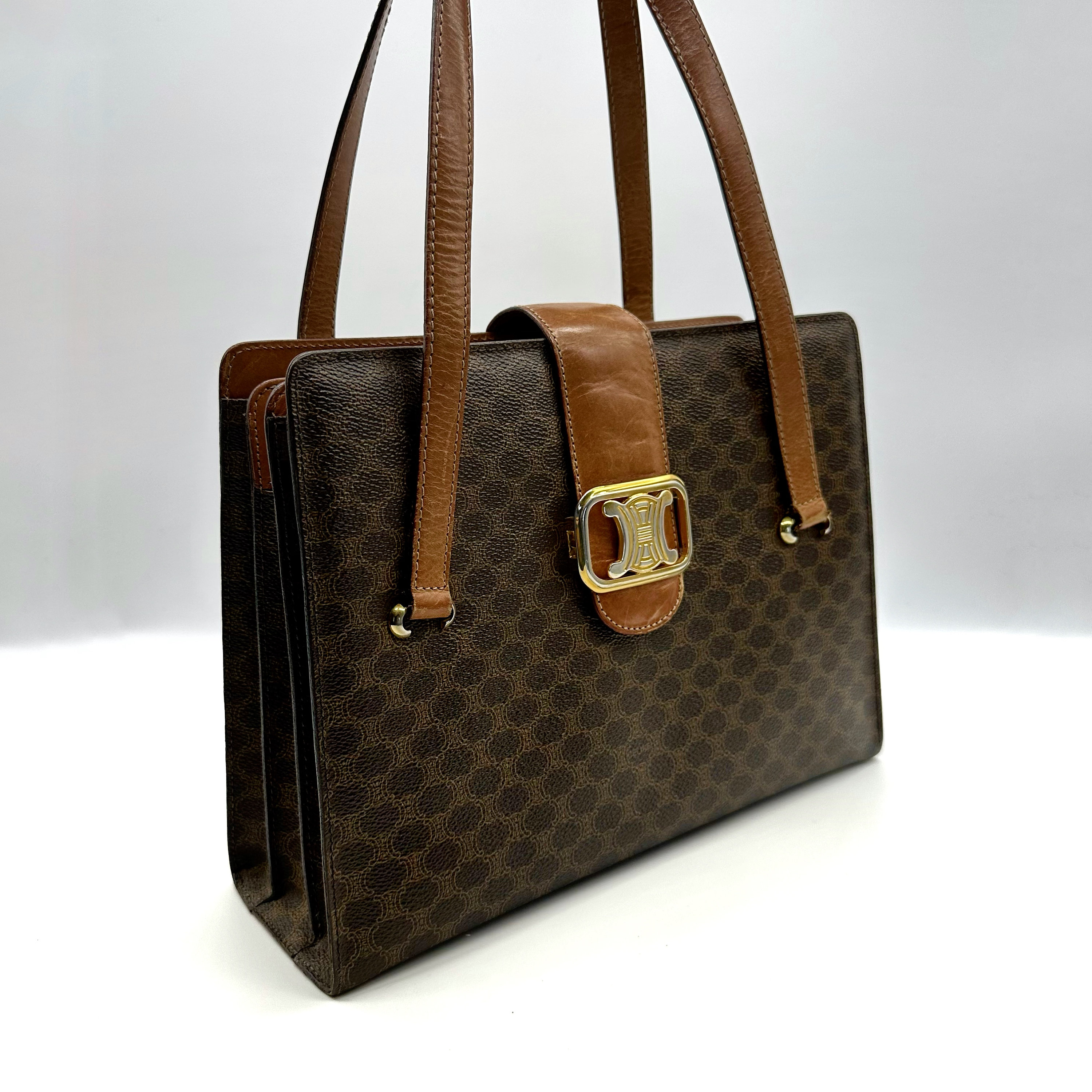 Celine Vintage Triomphe Monogram Shoulder Bag Leather Brown Gold