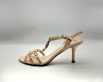 Prada Size EU36.5 Vintage Pink and gold Patent Leather Strap Heels with studs