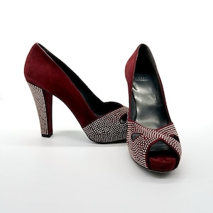 Stuart Weitzman Burgundy Suede Studded Peep Toe Heels - Size 8