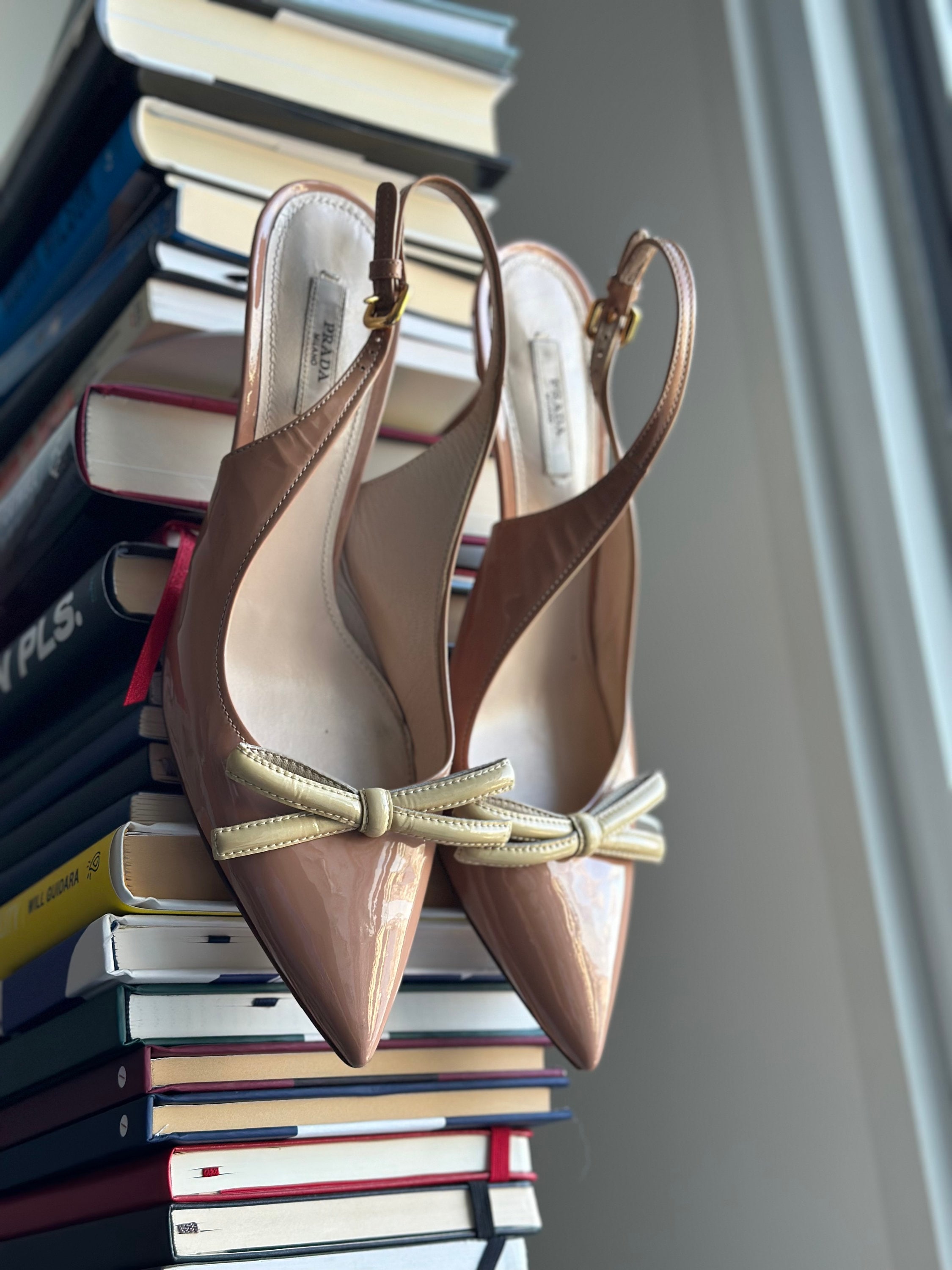 Prada Size EU38.5 Vintage Pink and Yellow Patent Leather Bow Strap