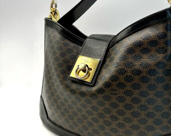 Celine Vintage Triomphe Monogram Shoulder Bag Leather Black/Gold