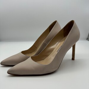 May include: A pair of beige leather high-heeled shoes with pointed toes. The heels are approximately 4 inches tall. The shoes are set against a white background, showcasing their sleek design and neutral color.