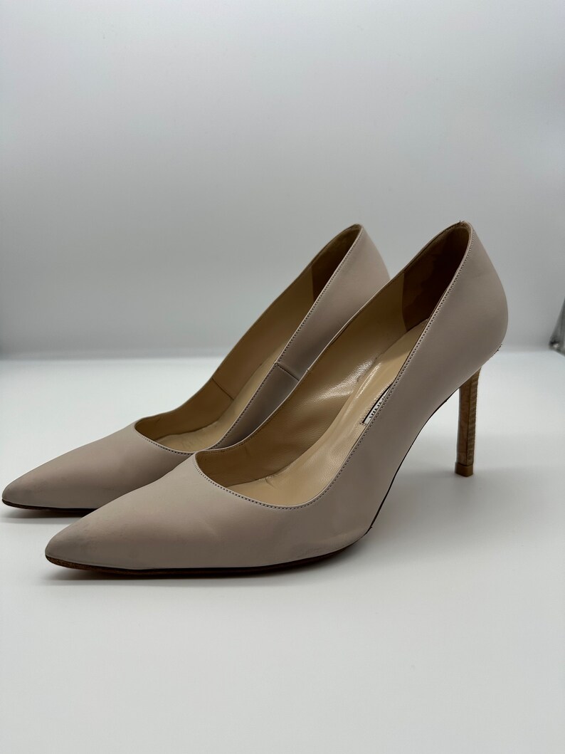 May include: A pair of beige leather high-heeled shoes with pointed toes. The heels are approximately 4 inches tall. The shoes are set against a white background, showcasing their sleek design and neutral color.