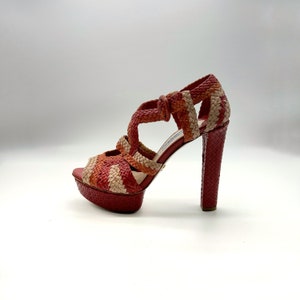 Prada Größe 37.5 Vintage Madras Tricolor gewebte Plattform Sandale Heels Schuhe