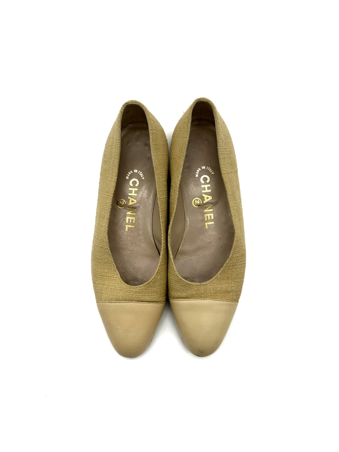 Chanel Size EU36/6 Vintage Flats Beige Canvas Almond Toe Slip 