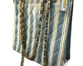 Chanel authentic Vintage 1997 Striped Light Blue Denim Tote Shoulder Shopping Bag
